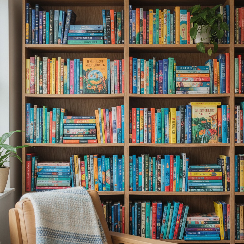 imagem de livros com capas coloridas em uma estante